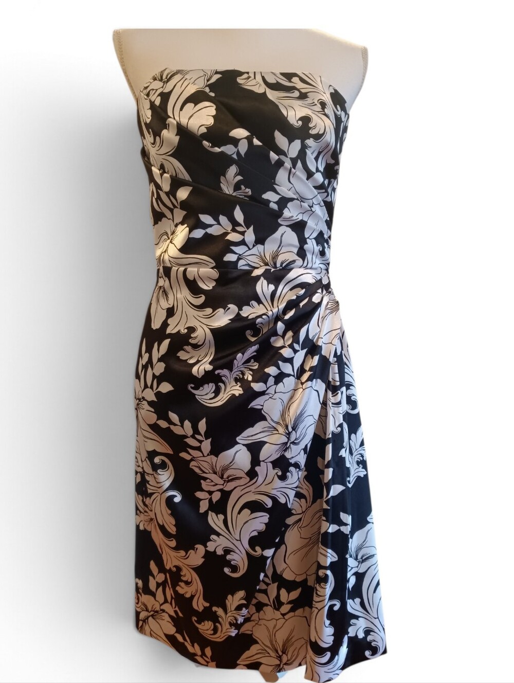 White House Black Market Strapless Rouching Black and White Floral Midi Dress 6